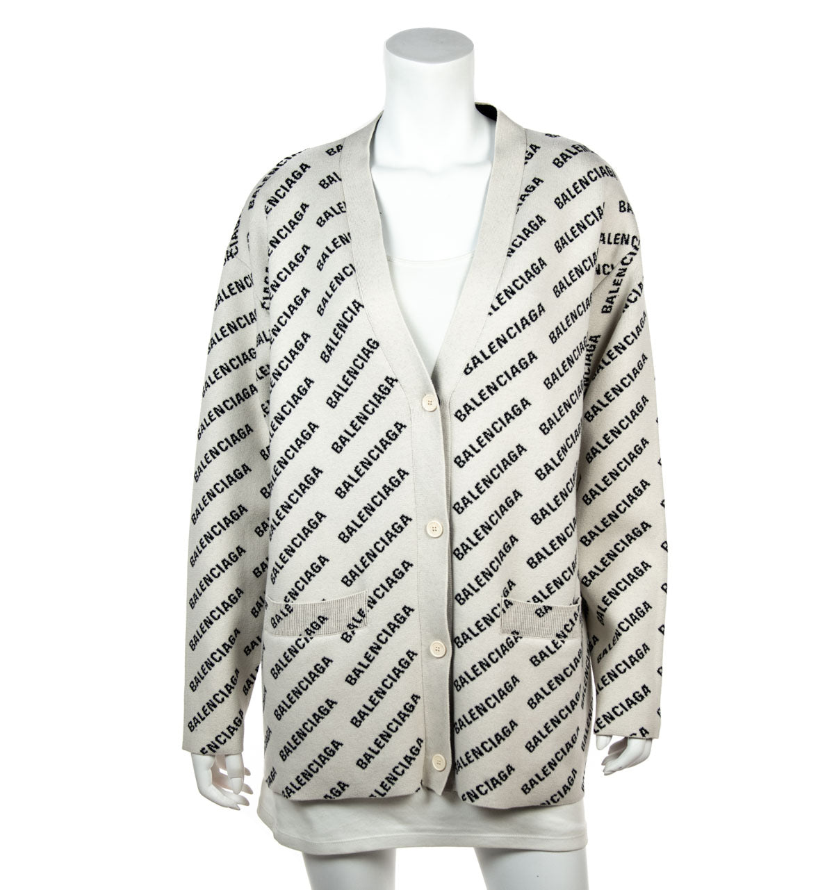 Balenciaga Beige & Black Logo Intarsia Knit V-Neck Cardigan Size XXL - Love that Bag etc - Preowned Authentic Designer Handbags & Preloved Fashions