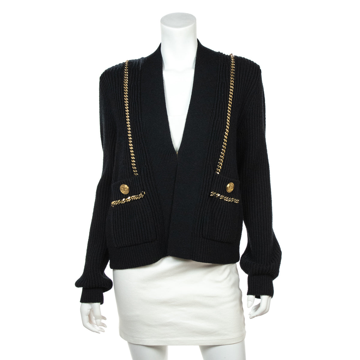 Balmain Black Chain Embellished Knit Cardigan Size L | FR 42 - Love that Bag etc - Preowned Authentic Designer Handbags & Preloved Fashions