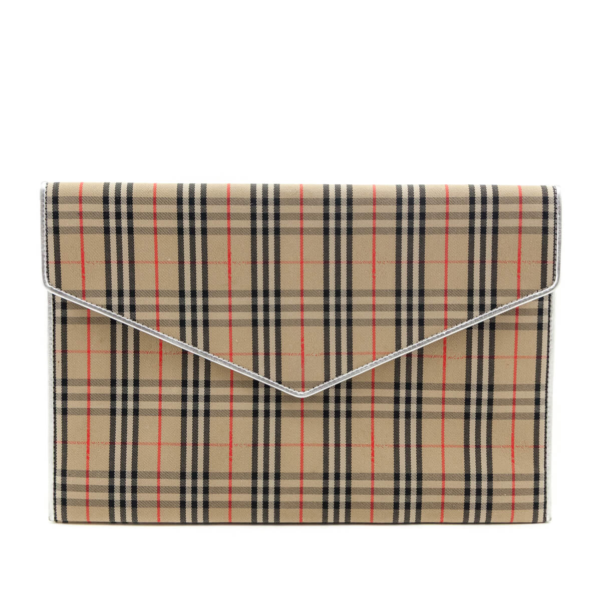 Burberry Silver Canvas Smooth Calfskin 1983 Knight Check Envelope Clutch - Love that Bag etc - Preowned Authentic Designer Handbags & Preloved Fashions