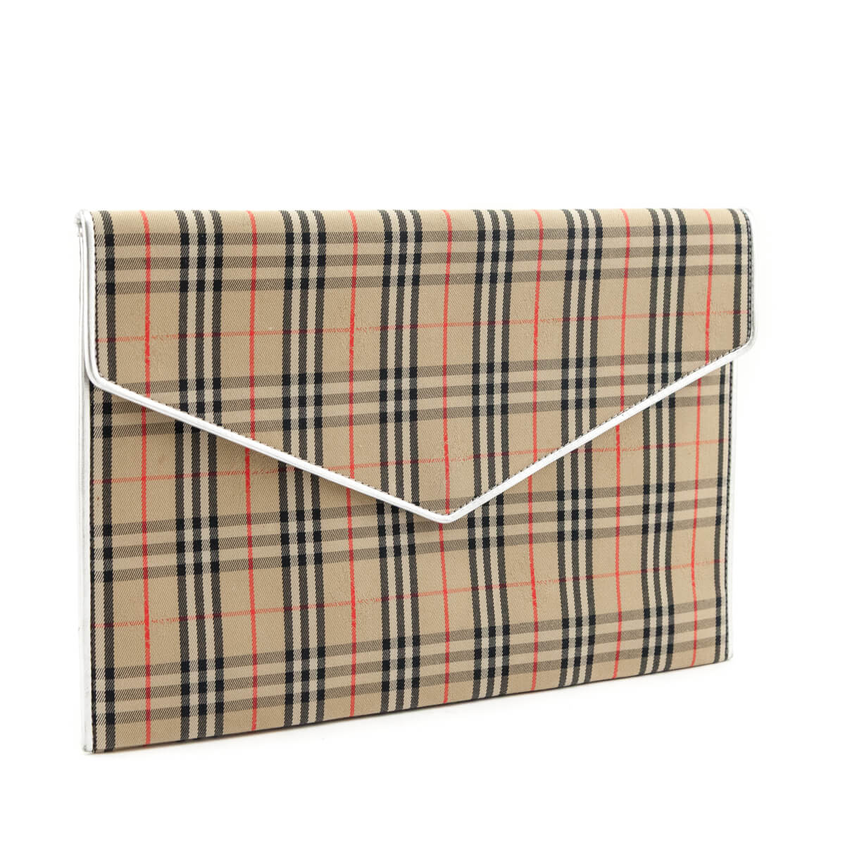 Burberry Silver Canvas Smooth Calfskin 1983 Knight Check Envelope Clutch - Love that Bag etc - Preowned Authentic Designer Handbags & Preloved Fashions