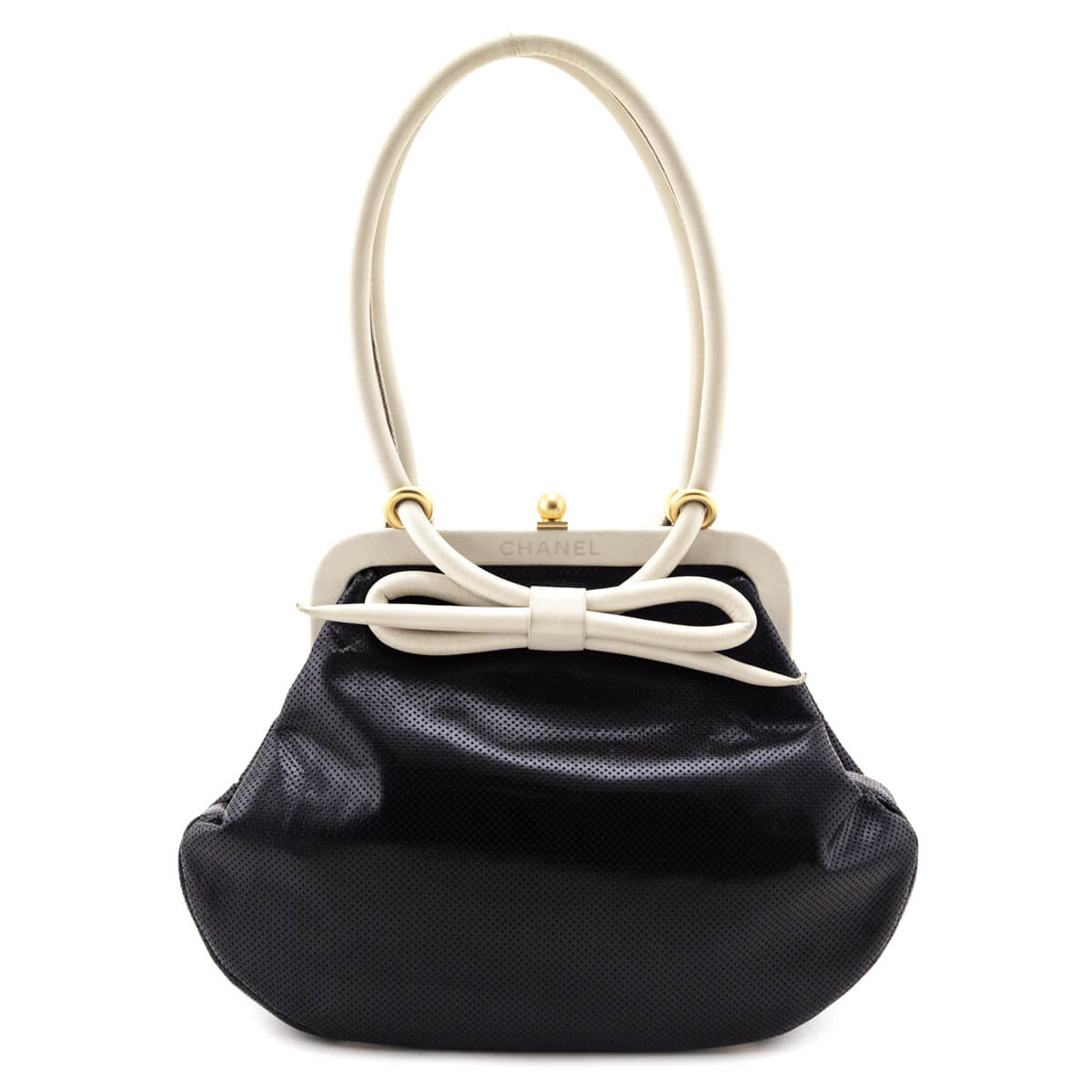 Chanel Black & White Perforated Bow Frame Bag - Love that Bag etc - Preowned Authentic Designer Handbags & Preloved Fashions