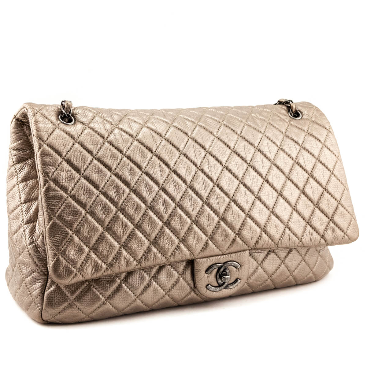 Chanel Pale Gold Metallic Calfskin Quilted XXL Travel Flap Bag - Love that Bag etc - Preowned Authentic Designer Handbags & Preloved Fashions