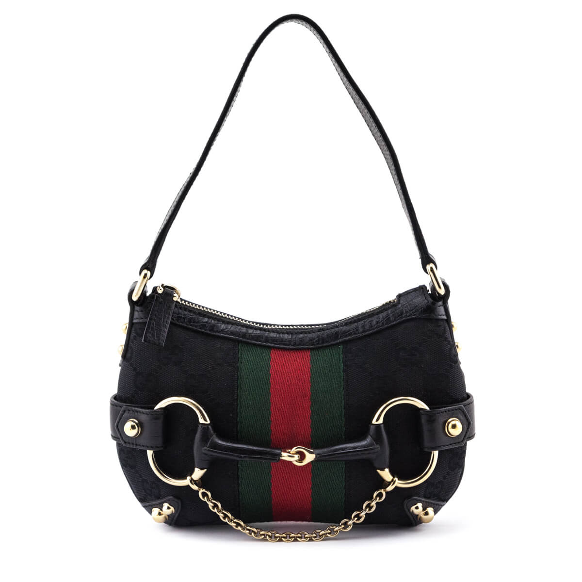 Gucci Black GG Monogram Small Horsebit Web Handbag - Love that Bag etc - Preowned Authentic Designer Handbags & Preloved Fashions
