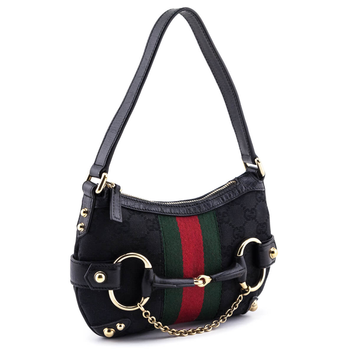 Gucci Black GG Monogram Small Horsebit Web Handbag - Love that Bag etc - Preowned Authentic Designer Handbags & Preloved Fashions