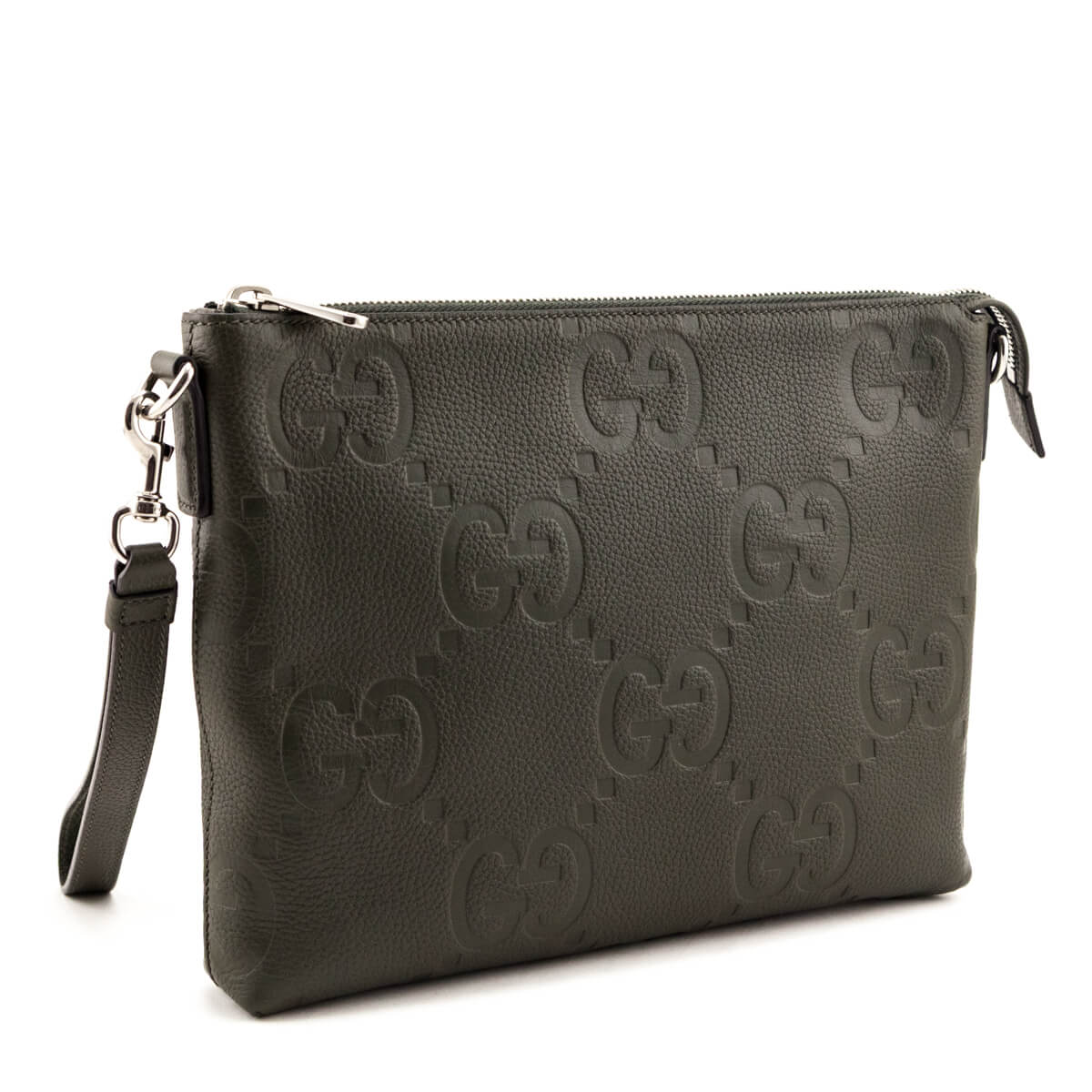 Gucci Dark Green Piuma Calfskin Jumbo GG Embossed Medium Wristlet Messenger Bag - Love that Bag etc - Preowned Authentic Designer Handbags & Preloved Fashions