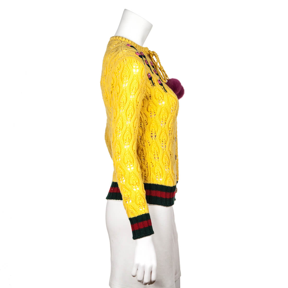 Gucci Yellow Wool Rose Embroidered Mink Pom Pom Crochet Cardigan Size XS - Love that Bag etc - Preowned Authentic Designer Handbags & Preloved Fashions