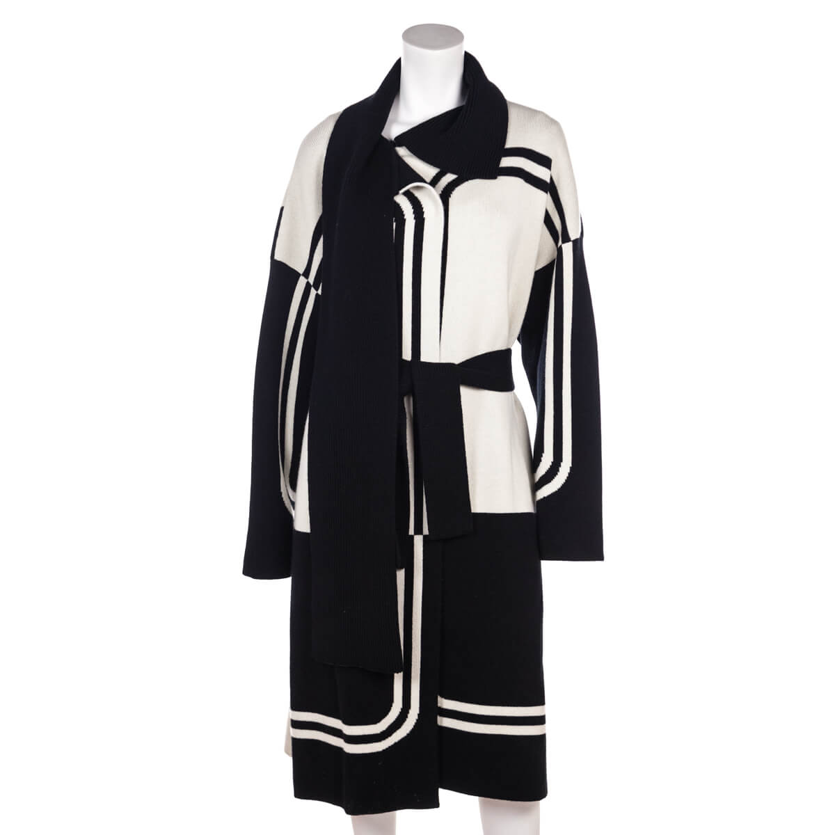 Hermes Black & Ivory Brides de Gala Cashmere Belted Coat Size L | FR 42 - Love that Bag etc - Preowned Authentic Designer Handbags & Preloved Fashions