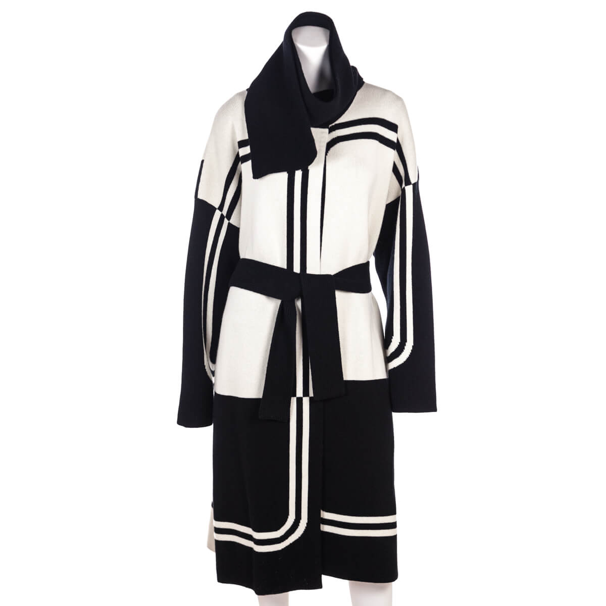 Hermes Black & Ivory Brides de Gala Cashmere Belted Coat Size L | FR 42 - Love that Bag etc - Preowned Authentic Designer Handbags & Preloved Fashions