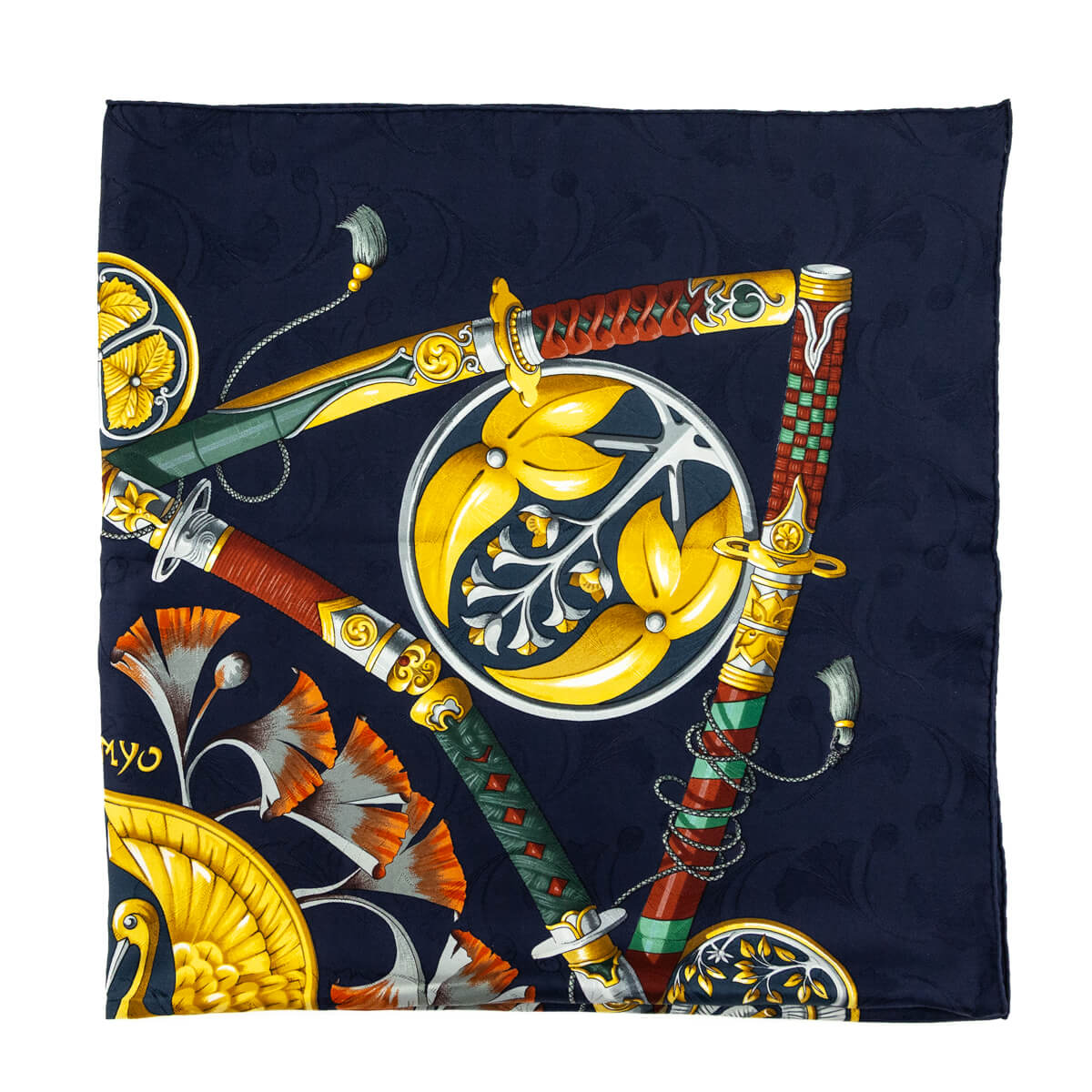 Hermes Blue & Gold Daimyo Princes Du Soleil Levant Jacquard Silk Scarf - Love that Bag etc - Preowned Authentic Designer Handbags & Preloved Fashions