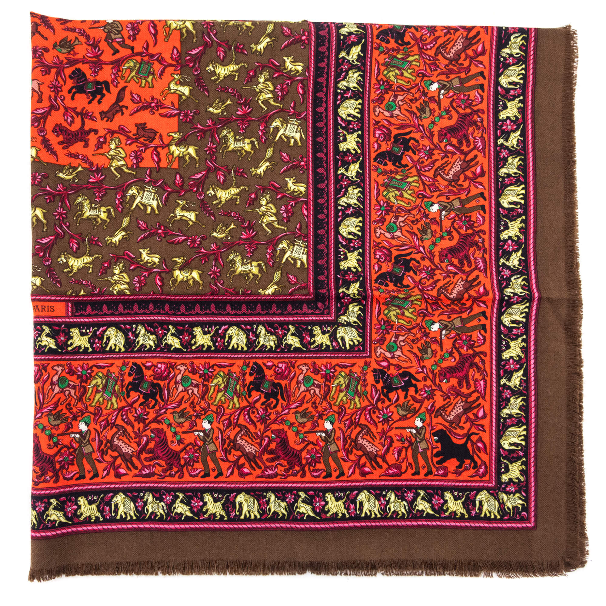 Hermes Brown & Red Cashmere & Silk Chasse En Inde Shawl 90 - Love that Bag etc - Preowned Authentic Designer Handbags & Preloved Fashions