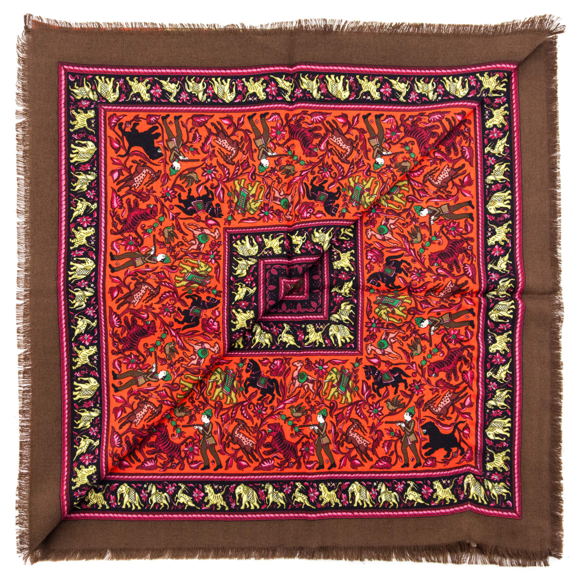 Hermes Brown & Red Cashmere & Silk Chasse En Inde Shawl 90 - Love that Bag etc - Preowned Authentic Designer Handbags & Preloved Fashions