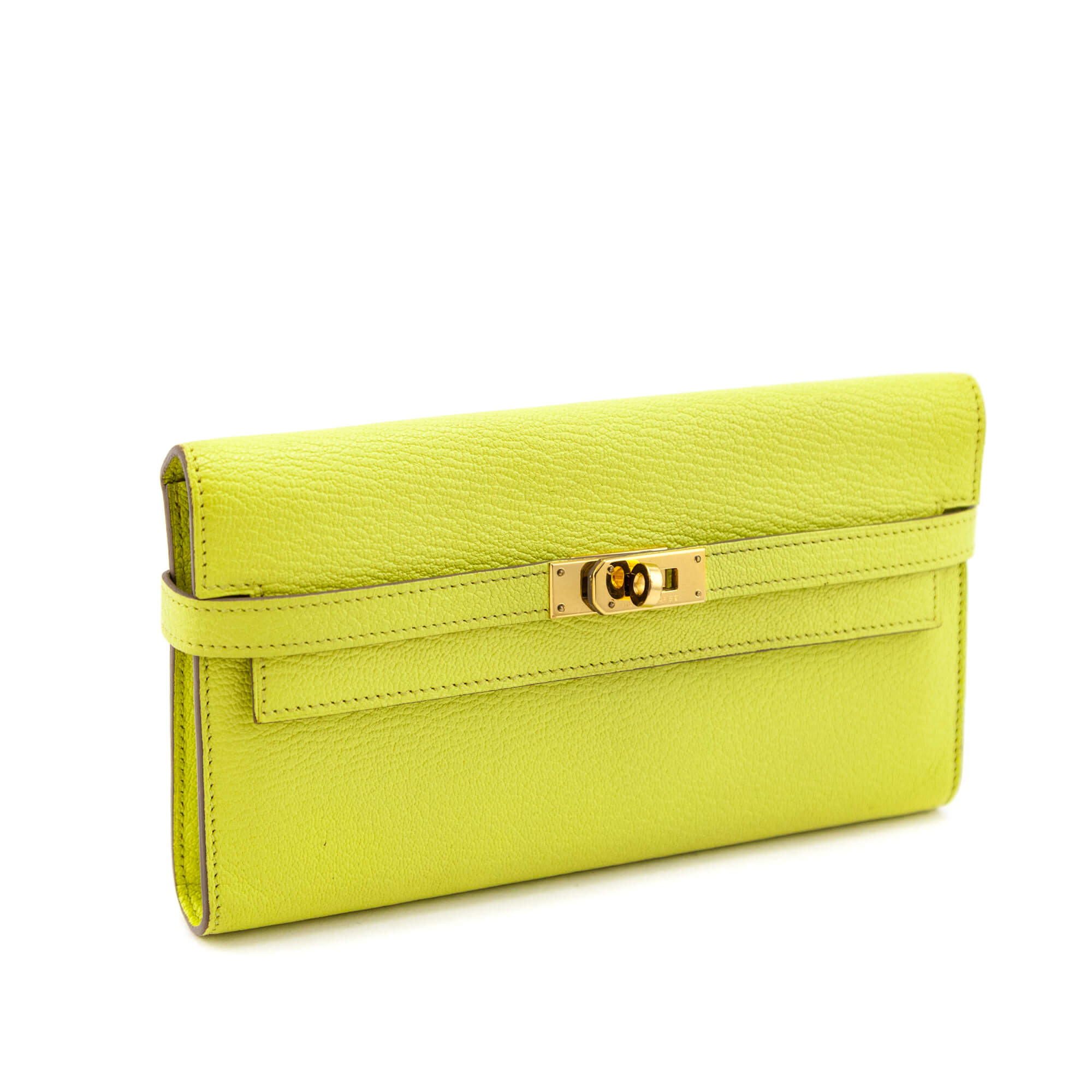 Hermes Lime Chevre Mysore Kelly Longue Wallet - Love that Bag etc - Preowned Authentic Designer Handbags & Preloved Fashions
