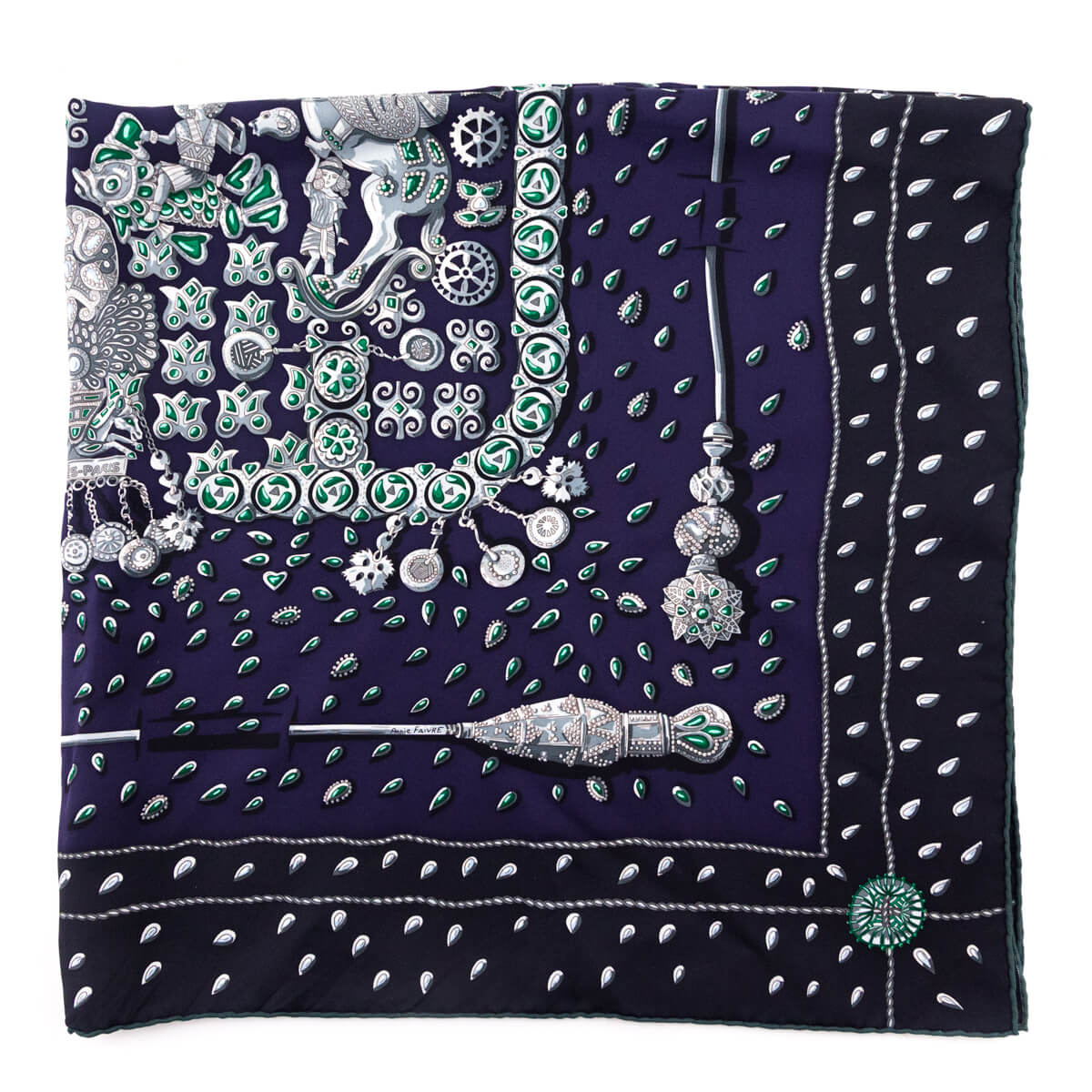 Hermes Navy & Green Silk Tresors Retrouves Scarf 90 - Love that Bag etc - Preowned Authentic Designer Handbags & Preloved Fashions