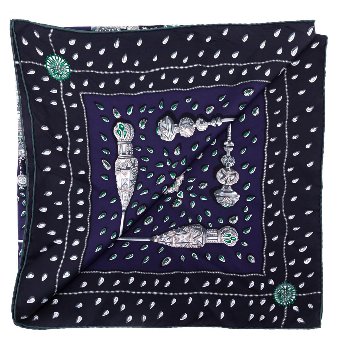 Hermes Navy & Green Silk Tresors Retrouves Scarf 90 - Love that Bag etc - Preowned Authentic Designer Handbags & Preloved Fashions
