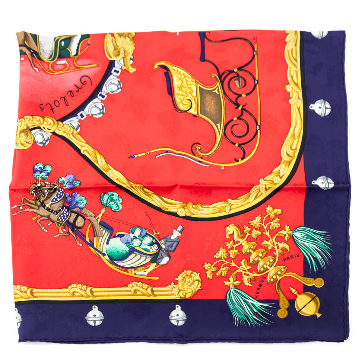Hermes Navy & Red Plumes et Grelots Jacquard Silk Scarf 90 - Love that Bag etc - Preowned Authentic Designer Handbags & Preloved Fashions