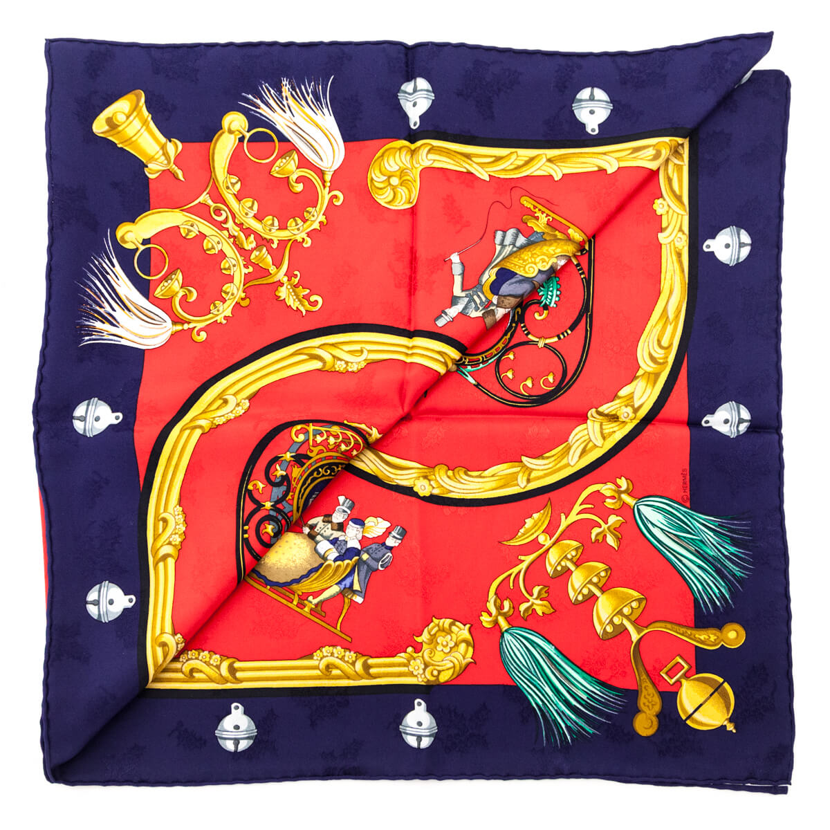 Hermes Navy & Red Plumes et Grelots Jacquard Silk Scarf 90 - Love that Bag etc - Preowned Authentic Designer Handbags & Preloved Fashions