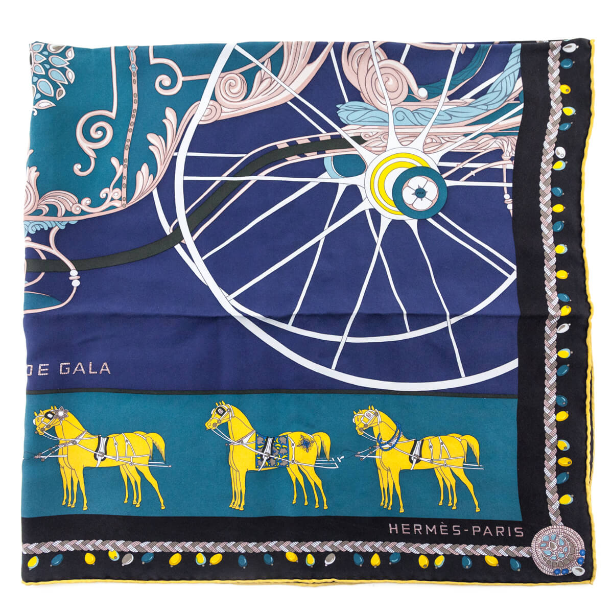 Hermes Navy & Yellow Silk Wash Coupe de Gala Scarf - Love that Bag etc - Preowned Authentic Designer Handbags & Preloved Fashions