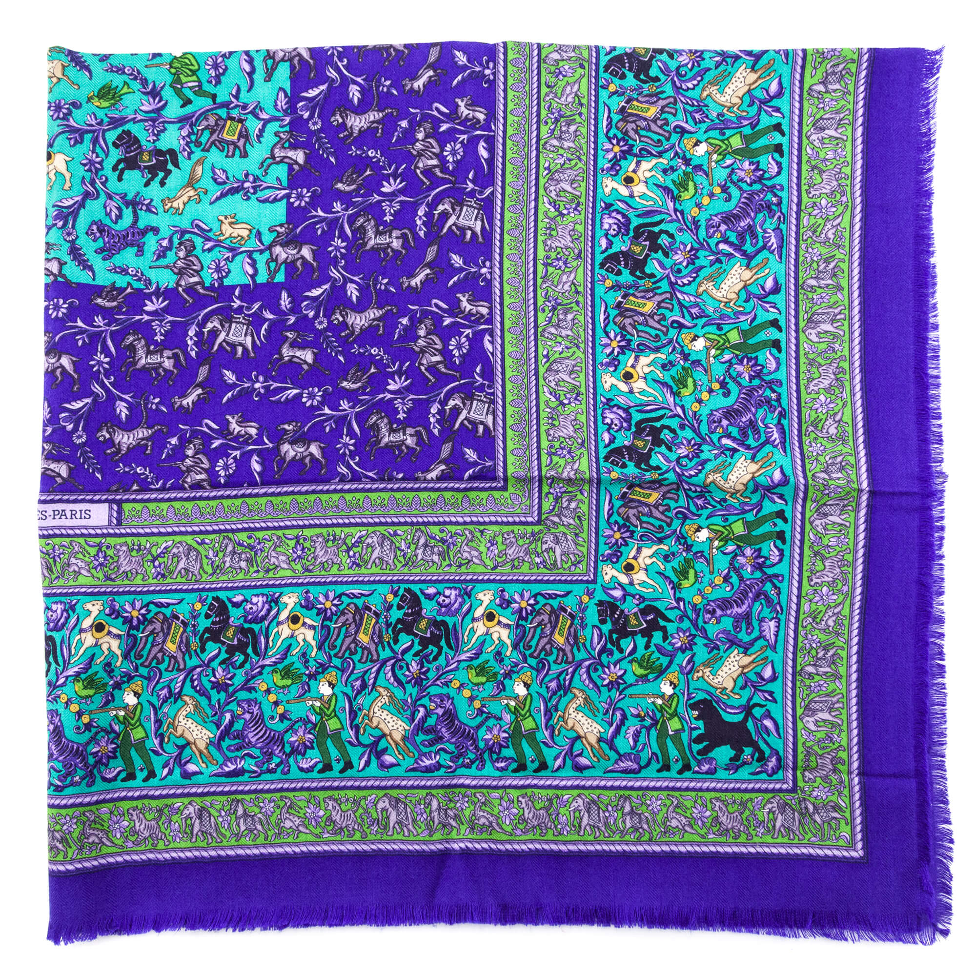 Hermes Violet & Emerald Cashmere & Silk Chasse En Inde Shawl 90 - Love that Bag etc - Preowned Authentic Designer Handbags & Preloved Fashions