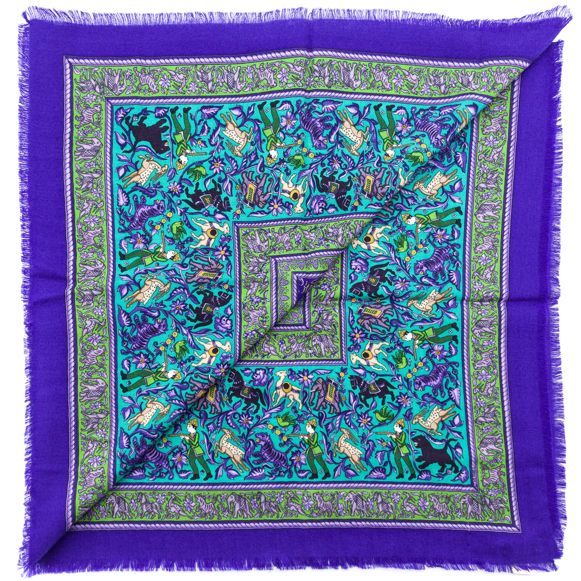 Hermes Violet & Emerald Cashmere & Silk Chasse En Inde Shawl 90 - Love that Bag etc - Preowned Authentic Designer Handbags & Preloved Fashions