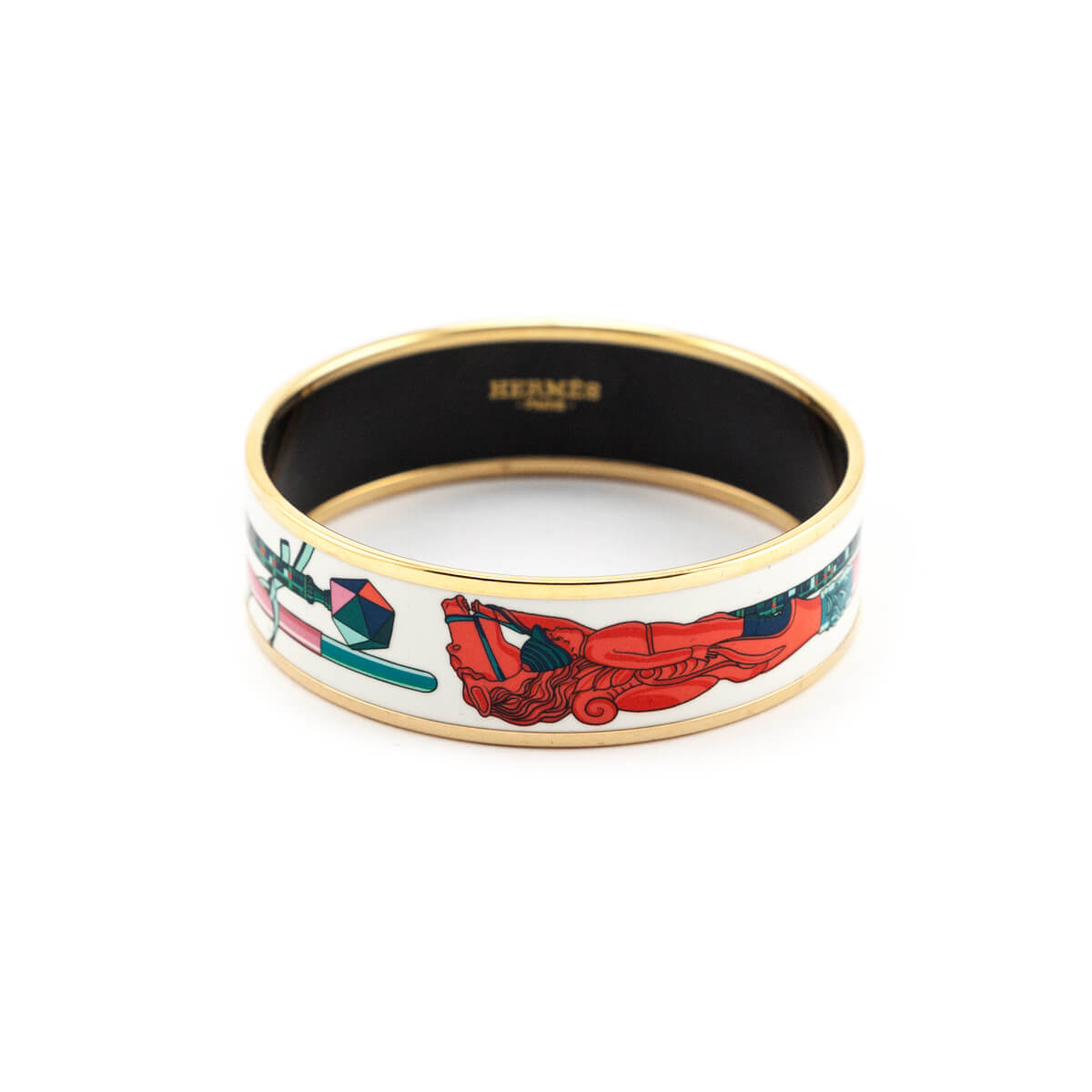 Hermes White & Pink Printed 18K Gold Plated Enamel Wide Bracelet Size M - Love that Bag etc - Preowned Authentic Designer Handbags & Preloved Fashions