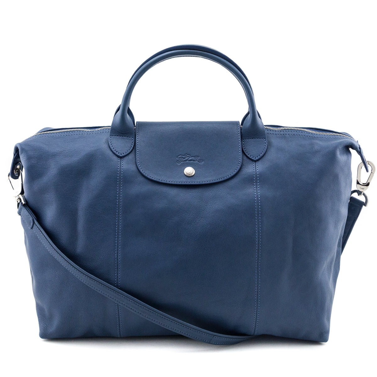 Longchamp Blue Calfskin Le Pliage Cuir Large Top Handle - Love that Bag etc - Preowned Authentic Designer Handbags & Preloved Fashions