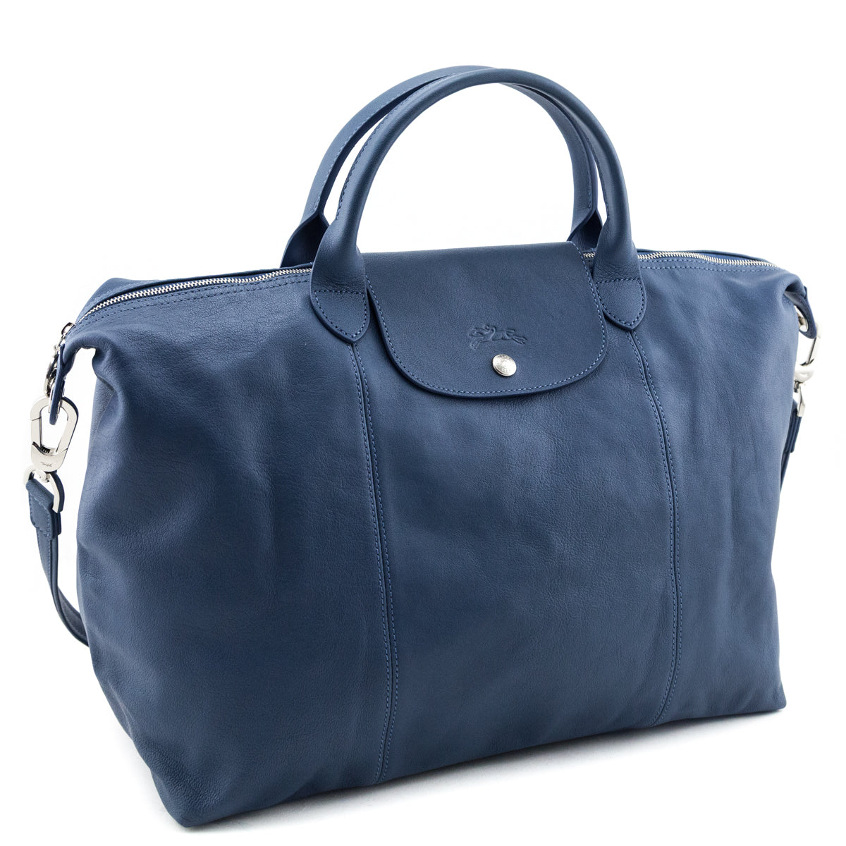 Longchamp Blue Calfskin Le Pliage Cuir Large Top Handle - Love that Bag etc - Preowned Authentic Designer Handbags & Preloved Fashions