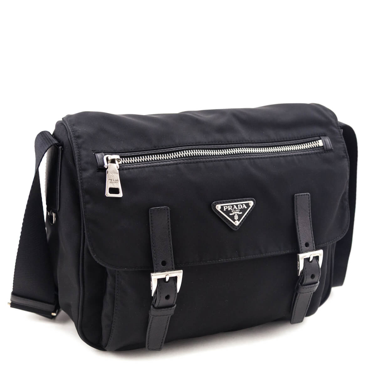Prada Black Tessuto Nylon Double Buckle Small Messenger Bag - Love that Bag etc - Preowned Authentic Designer Handbags & Preloved Fashions