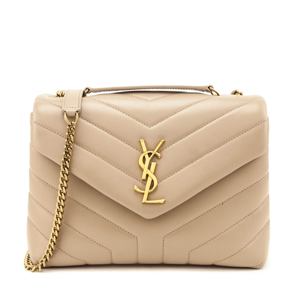 Saint Laurent Beige Calfskin Y Quilted Monogram Small Loulou Chain Satchel - Love that Bag etc - Preowned Authentic Designer Handbags & Preloved Fashions