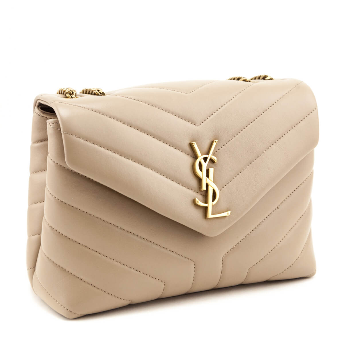 Saint Laurent Beige Calfskin Y Quilted Monogram Small Loulou Chain Satchel - Love that Bag etc - Preowned Authentic Designer Handbags & Preloved Fashions
