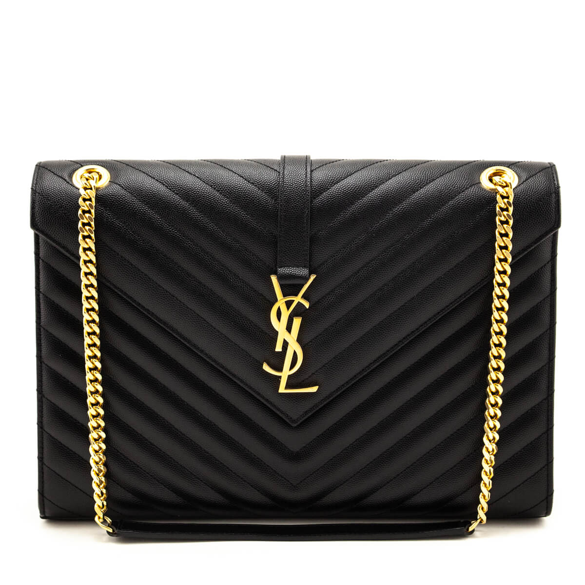 Saint Laurent Black Grain De Poudre Matelasse Chevron Large Monogram Satchel - Love that Bag etc - Preowned Authentic Designer Handbags & Preloved Fashions