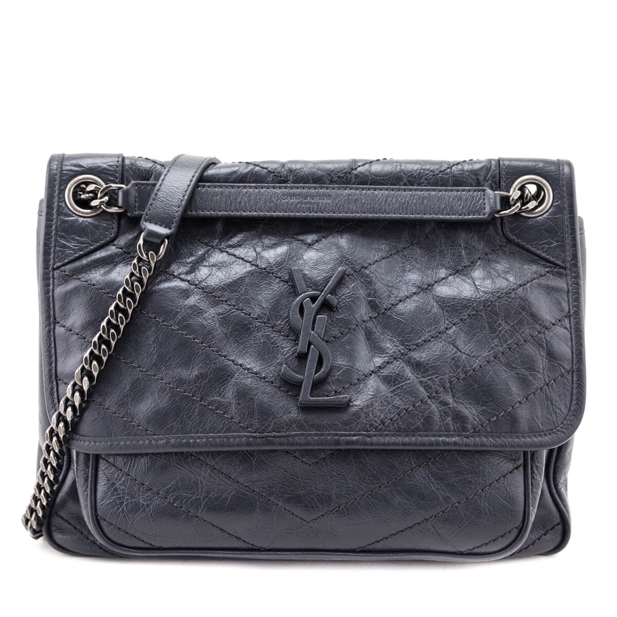 Saint Laurent Fog Crinkled Calfskin Matelasse Monogram Medium Niki Chain Satchel - Love that Bag etc - Preowned Authentic Designer Handbags & Preloved Fashions