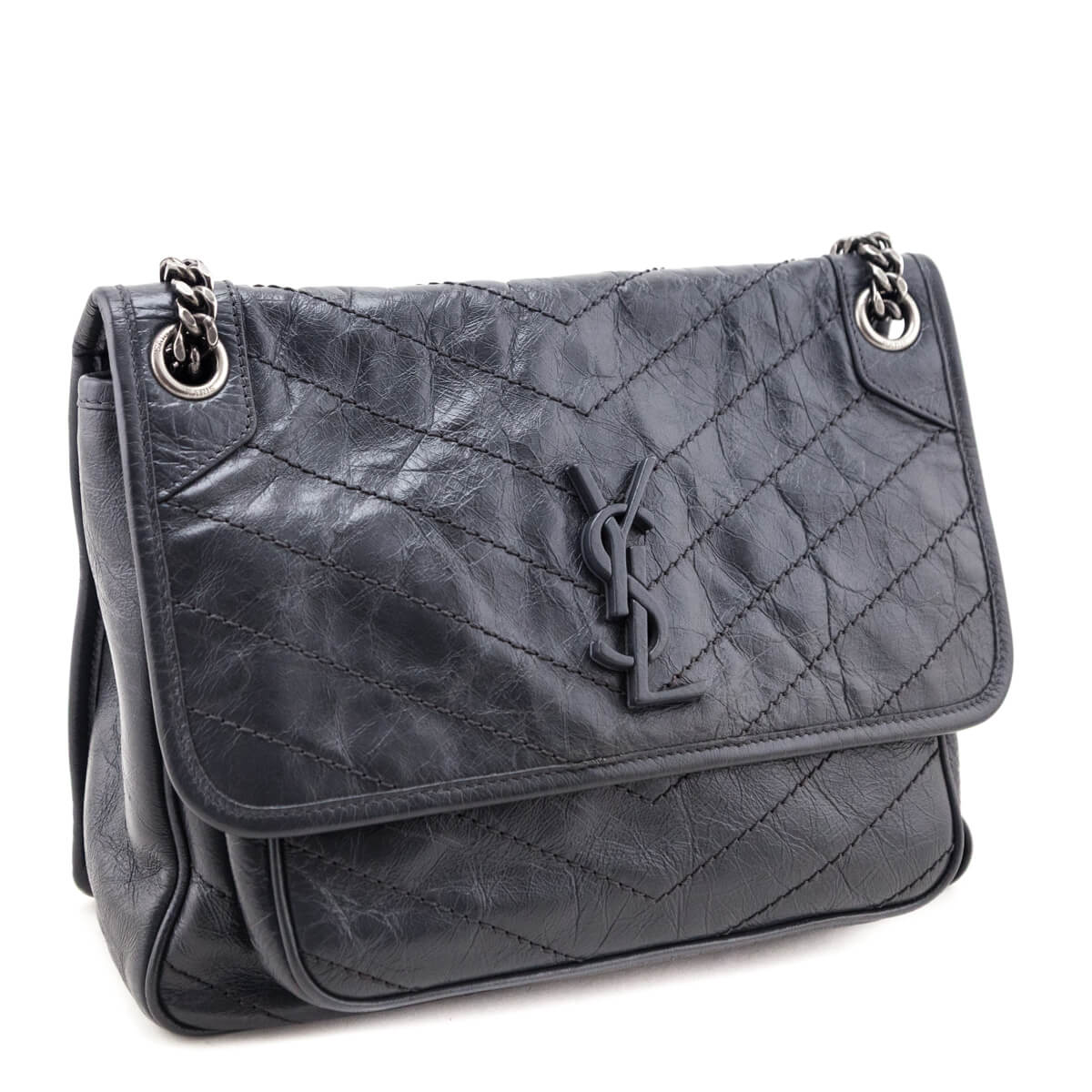 Saint Laurent Fog Crinkled Calfskin Matelasse Monogram Medium Niki Chain Satchel - Love that Bag etc - Preowned Authentic Designer Handbags & Preloved Fashions