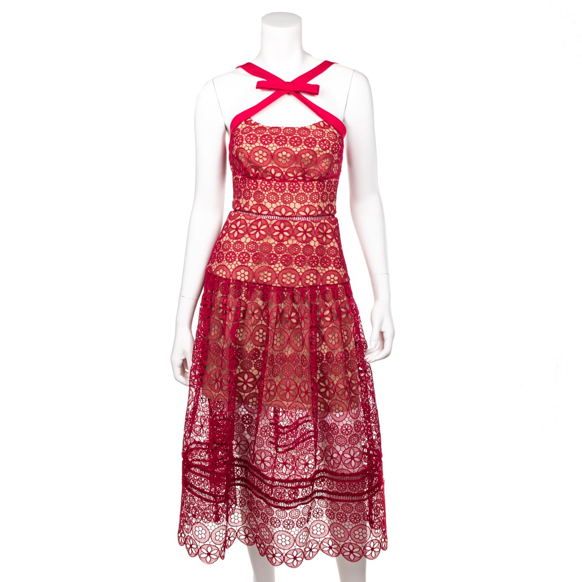 Self-Portrait Fuchsia Pink Lace Pattern Sleeveless Midi Dress Size XXS | UK 6 - Love that Bag etc - Preowned Authentic Designer Handbags & Preloved Fashions